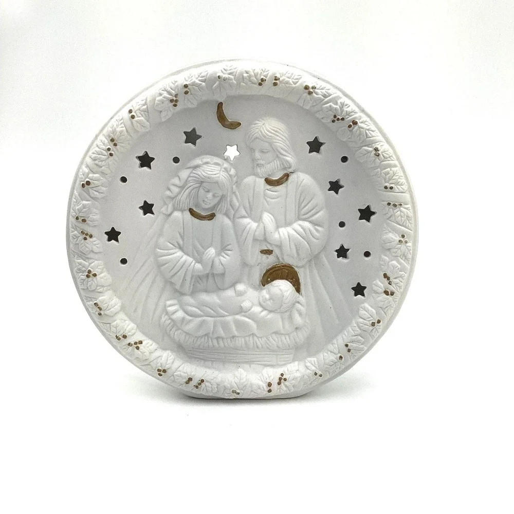 White Ceramic Nativity Scene Round Plaque with Stars and‎ Moon Decor
